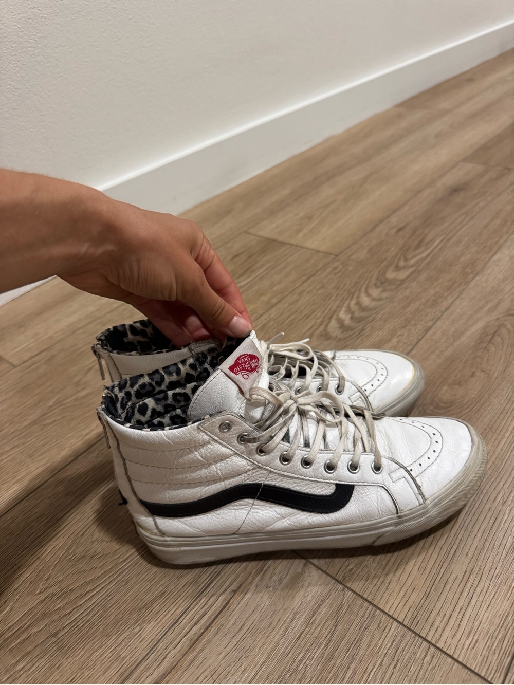 Vans White Old Skool High-Top Sneakers with Black Stripe and Leopard Lining